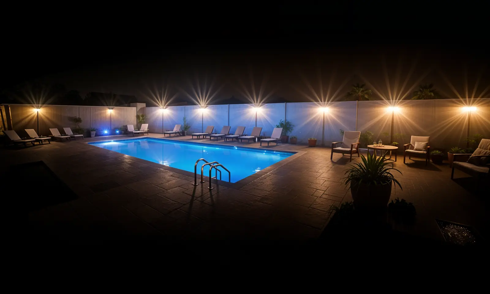 The farmhouse swimming pool at night, lit blue, with loungers along the deck